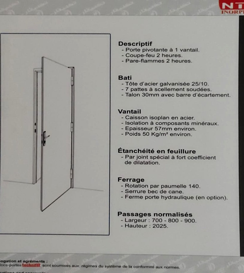 Extrait de la page 9 du catalogue Technifer : bloc-porte coupe-feu pivotant 1 vantail, type 1P2 : descriptif.