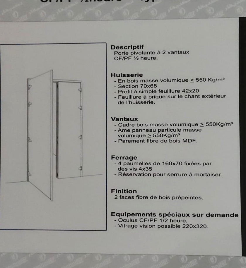 Extrait de la page 15 du catalogue Technifer : bloc-porte huisserie bois 2 vantaux, type 2P30 : descriptif.