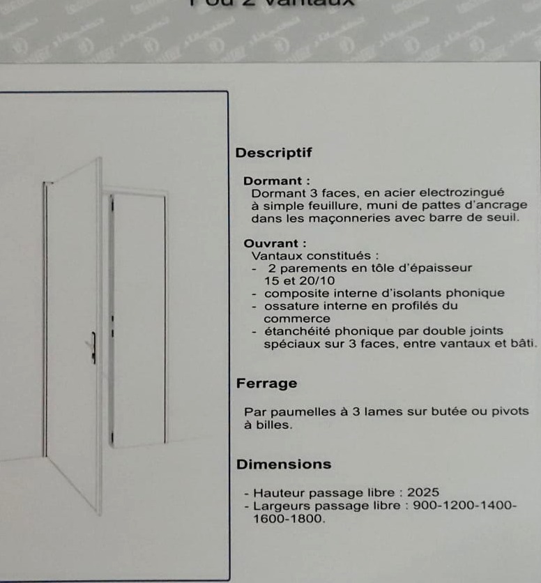 Extrait de la page 18 du catalogue Technifer : bloc-porte battant acoustique 1 ou 2 vantaux : descriptif.