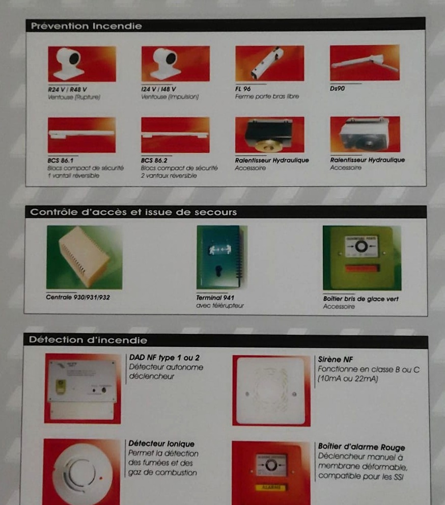 Extrait de la page 31 du catalogue Technifer : accessoires de fermeture : prévention incendie, contrôle d’accès et issue de secours, détection d’incendie.